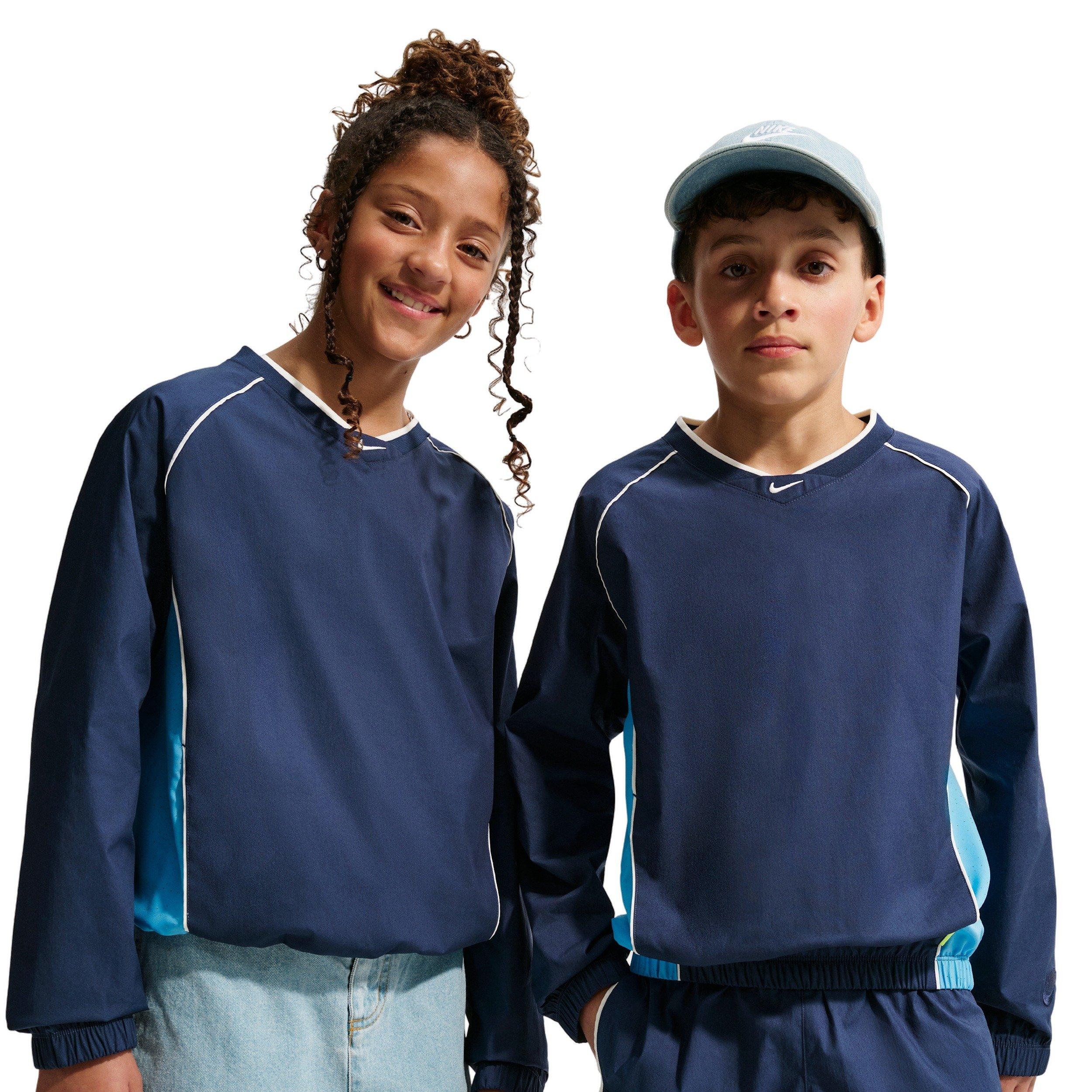 Nike Big Kids' Sportswear Woven V-Neck Long Sleeve Top - Blue/Navy - BLUE/NAVY